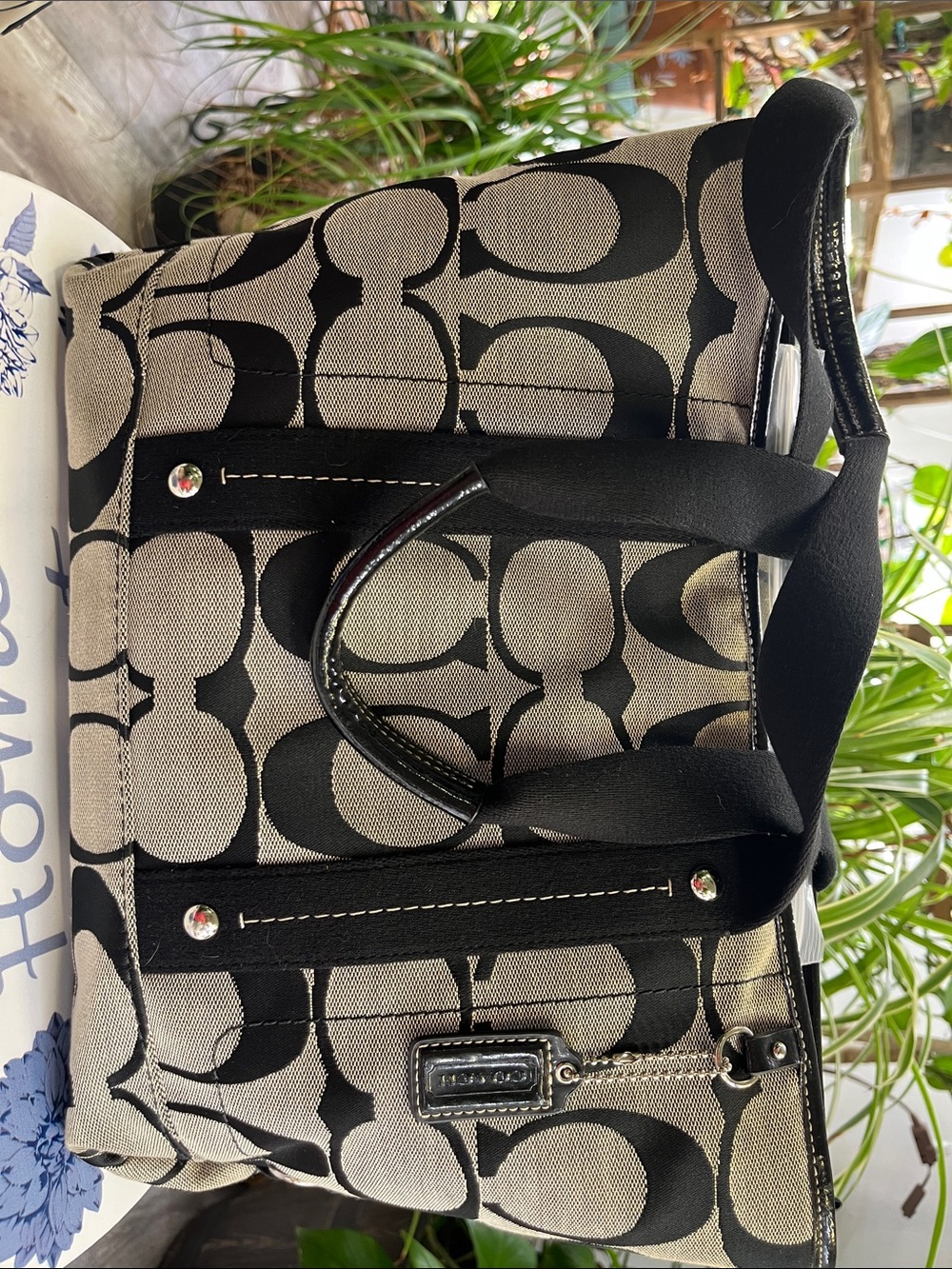 Coach Canvas Tote in Black and Gray Signature Print